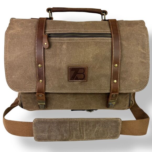 Vintage Style Waxed Canvas Brown Leather Rugged Briefcase Messenger Shoulder Bag - Picture 1 of 16